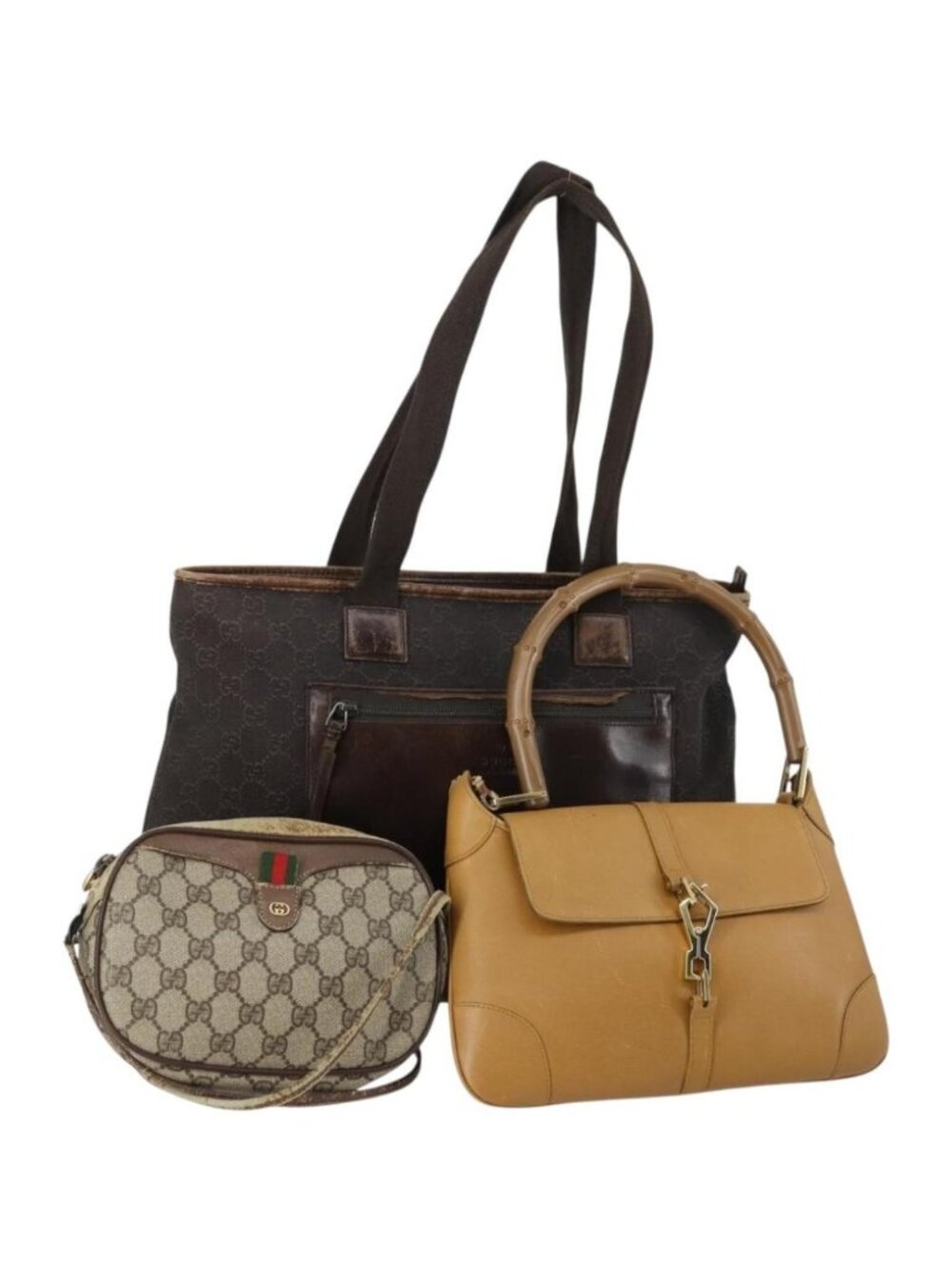 GUCCI GG Canvas Shoulder Bag Leather 3 Set Beige Dark Brown